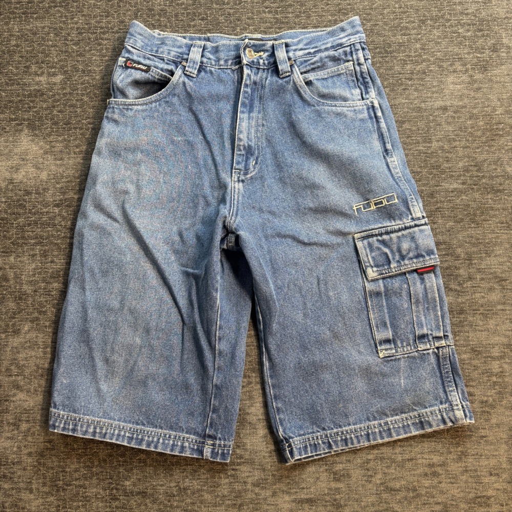 Vintage FUBU The Collection Denim Carpenter Cargo Shorts Mens Size 30 Baggy Y2K